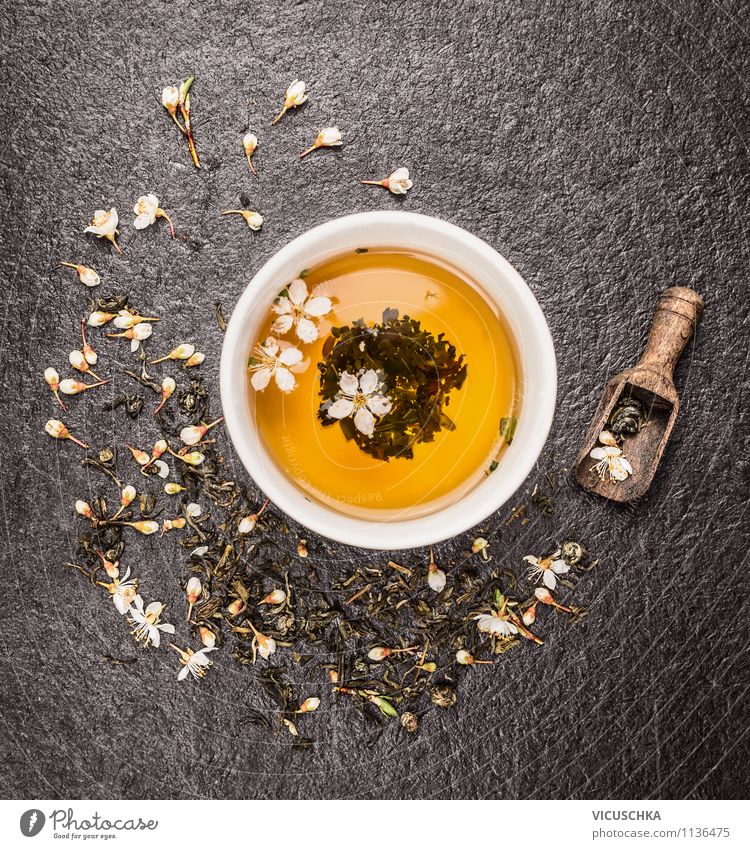Cup with green jasmine tea on black background Food Beverage Tea Style Design Alternative medicine Healthy Eating Fitness Life Yellow Fragrance Relaxation