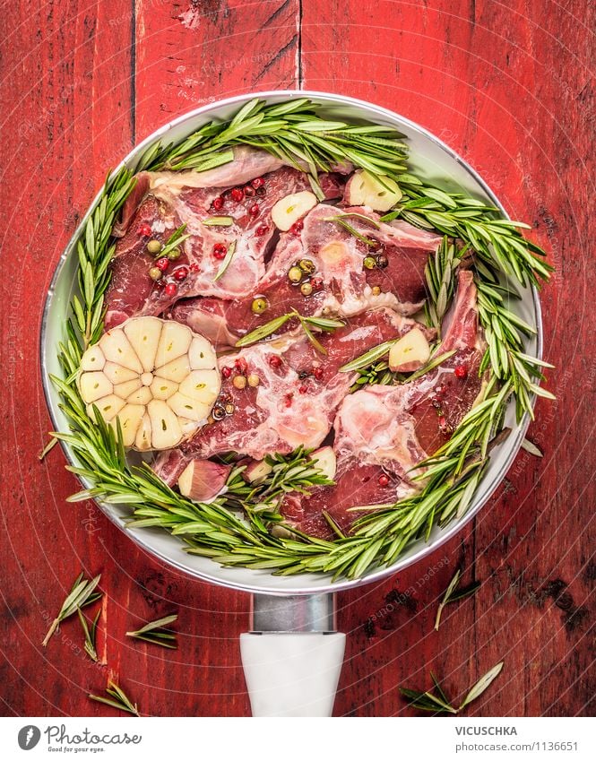 Lamb Elende Prepare chops in white pan Food Meat Herbs and spices Cooking oil Nutrition Dinner Banquet Organic produce Diet Crockery Style Design Healthy Eating