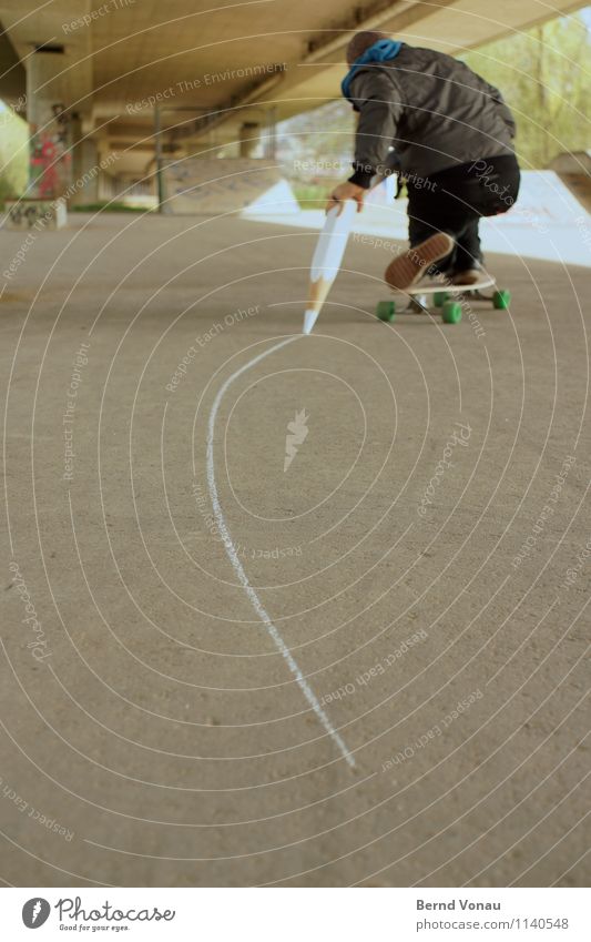 Bow out Human being Masculine 1 Asphalt Chalk Arch Curve Skateboard Draw Driving Movement Pen Pencil Crayon White Signs and labeling Concrete Bridge Skate park