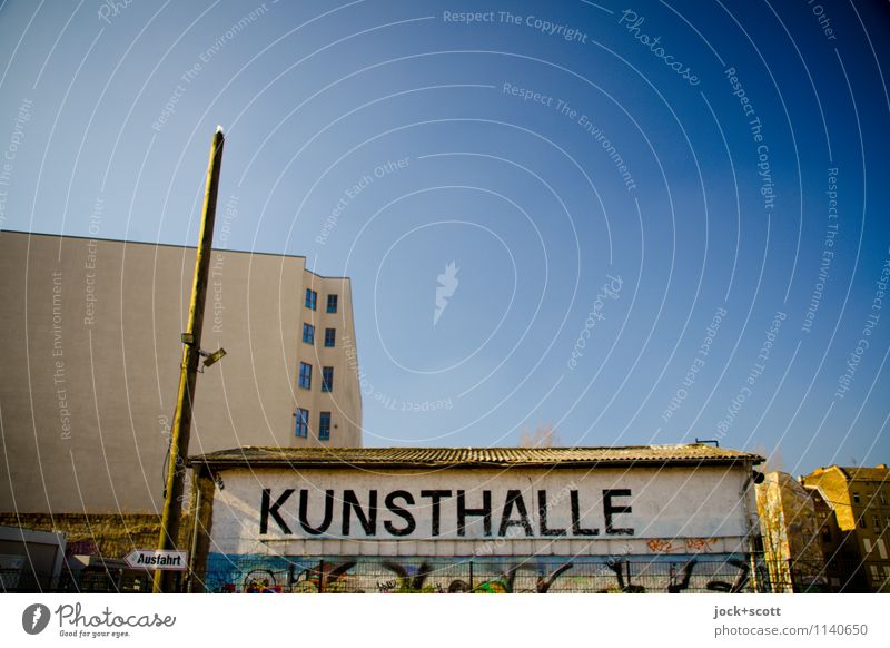 exit Kunsthalle Typography Art gallery Street art Cloudless sky Beautiful weather Downtown Berlin Depot Fire wall Signs and labeling Word Capital letter