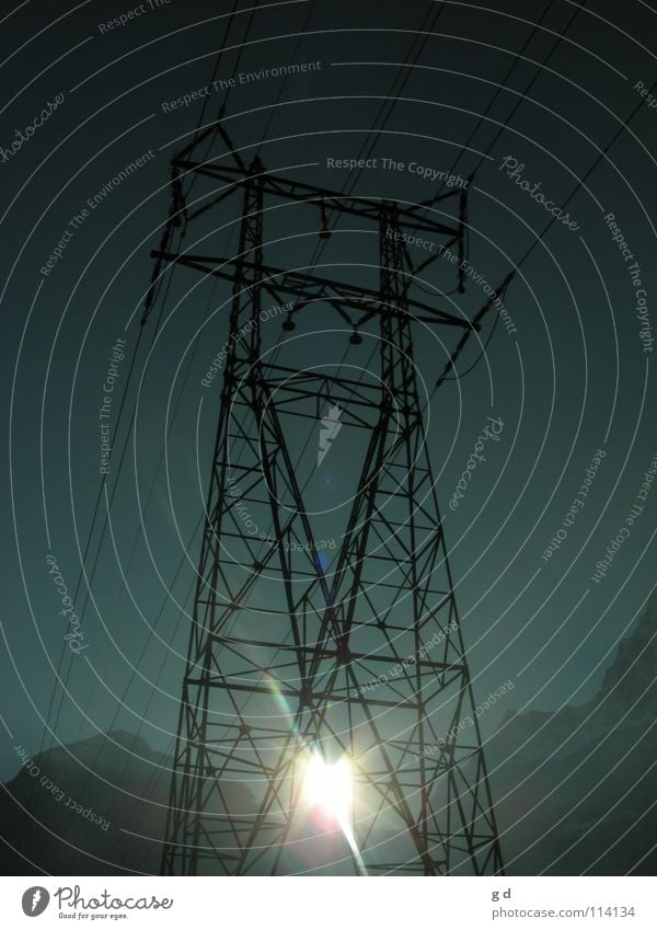 Two forms of energy Electricity Solar Power Sunbeam Electricity pylon Essential Large Telecommunications Energy industry Lighting Cable Blue Mountain Snow