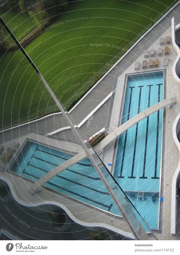 pool origami Swimming pool Footbridge Reflection Wall (building) Grass Green Relaxation Wellness Architecture Aquatics Water Railroad Blue Bridge Glass Sports