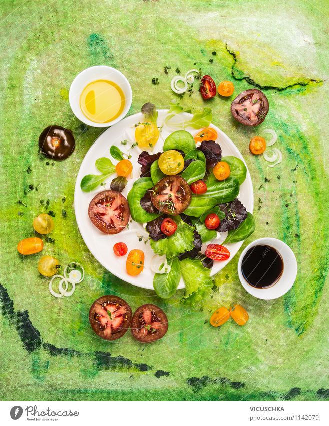 Salad with tomato variations and dressings Food Vegetable Lettuce Herbs and spices Cooking oil Nutrition Lunch Banquet Organic produce Vegetarian diet Diet
