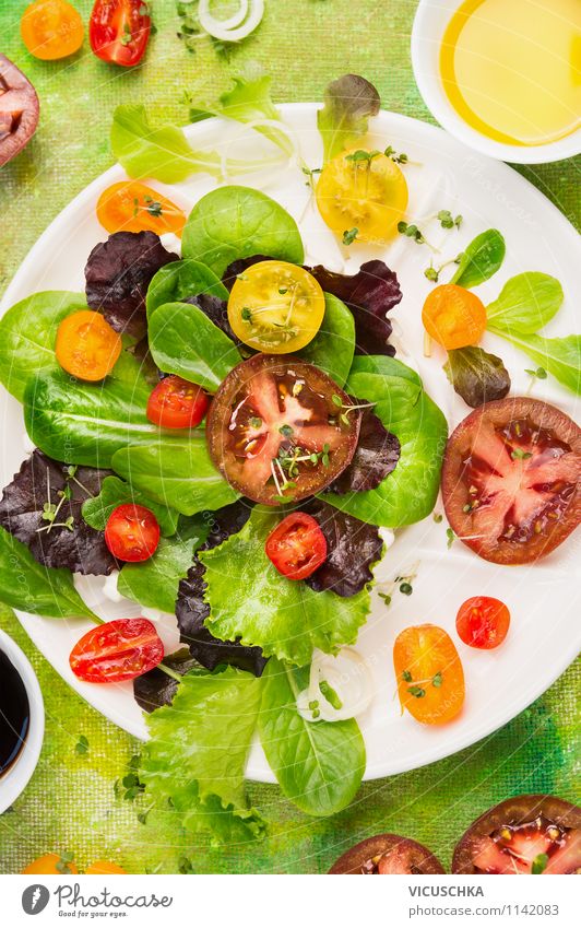 Colourful summer salad with tomatoes Food Vegetable Lettuce Salad Herbs and spices Cooking oil Nutrition Lunch Organic produce Vegetarian diet Diet Plate Style