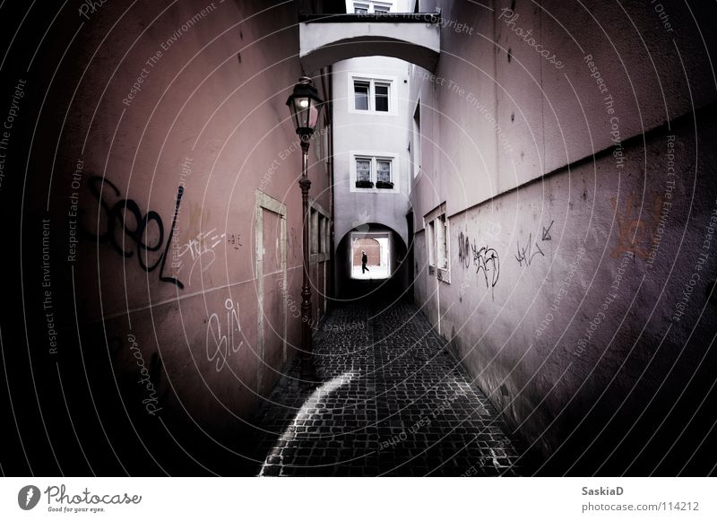 your tube Town Alley Lamp Street art Man House (Residential Structure) Light Narrow Window Switzerland Historic Graffiti Mural painting Old town street