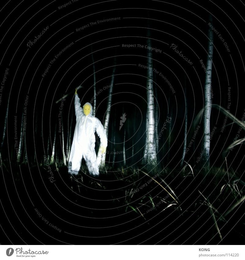 who's king now? Yellow Gray Gray-yellow Forest Suit Protective clothing Crazy Night Long exposure Birch tree Axe Superior Creepy Flashy Dark Dangerous Monster