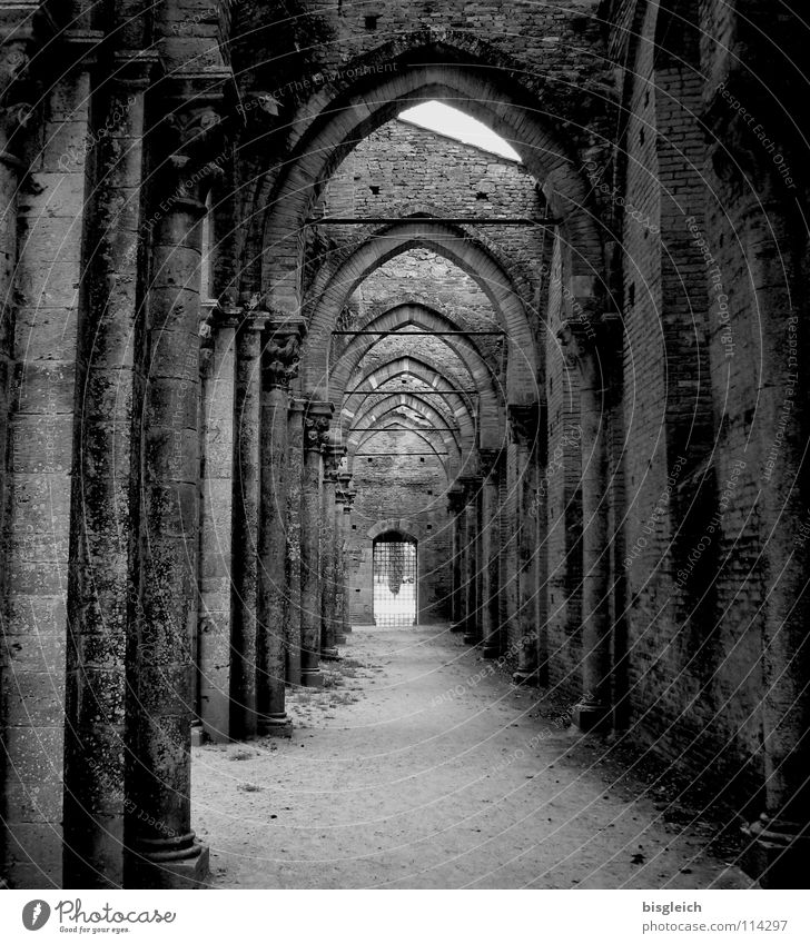 San Galgano (Italy) Black & white photo Interior shot Deserted Day Central perspective Calm Europe Church Ruin Wall (barrier) Wall (building) Door