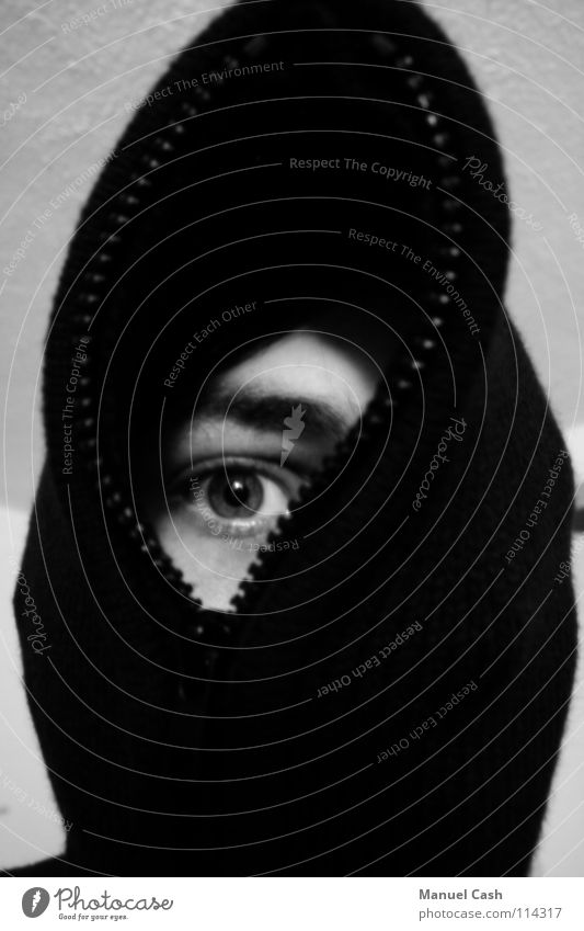 An eye for an eye White Zipper Gray Right Black & white photo Eyes Hooded (clothing) black Shadow