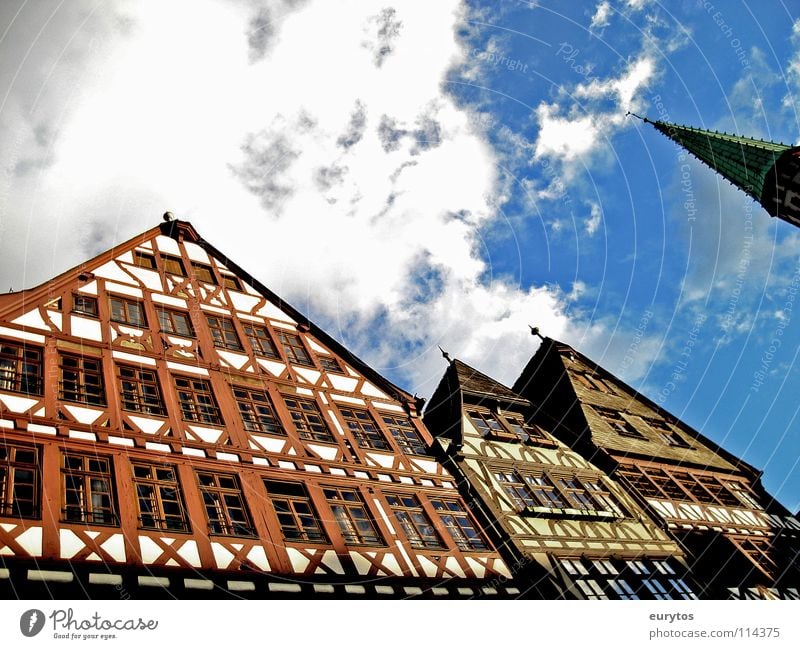 House wall. House (Residential Structure) Clouds Half-timbered facade Frankfurt Window Church spire White Craft (trade) Römerberg Historic house wall Sky Blue