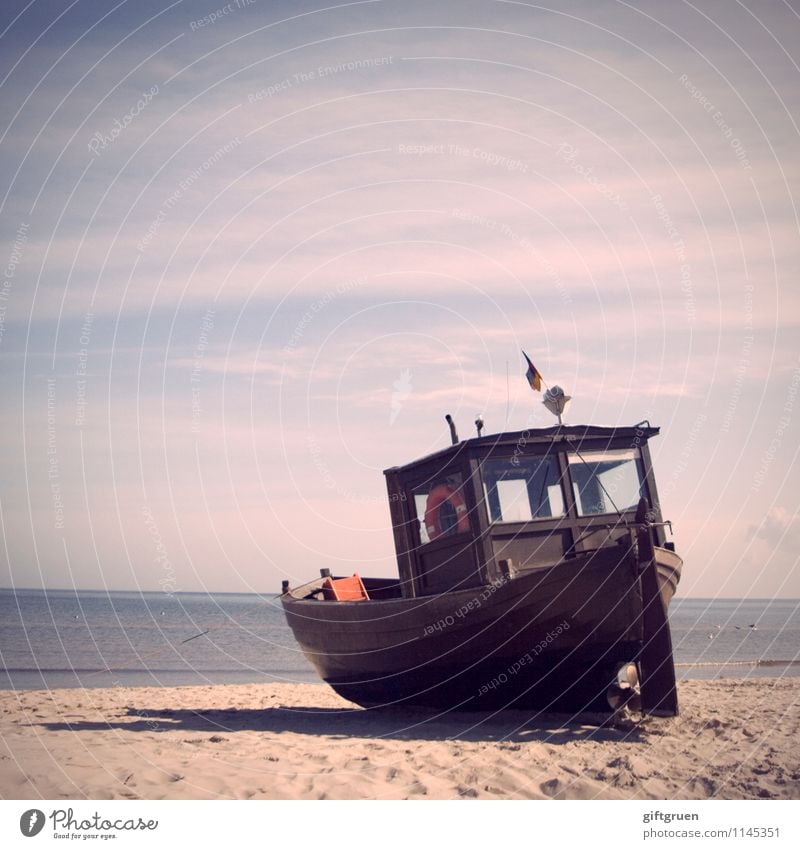 fishing boat Beach Sandy beach Baltic Sea ocean Ocean Fishing boat Horizon Blue wooden boat seafaring Clouds rescue tyre Window Oar distress at sea Rescue