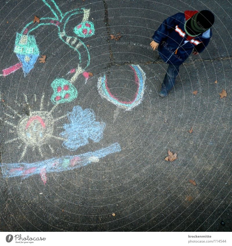 paradise lost Multicoloured Child Boy (child) Street painting Pastel tone Painting and drawing (object) Rainbow Asphalt Playing Toddler Chalk Colour