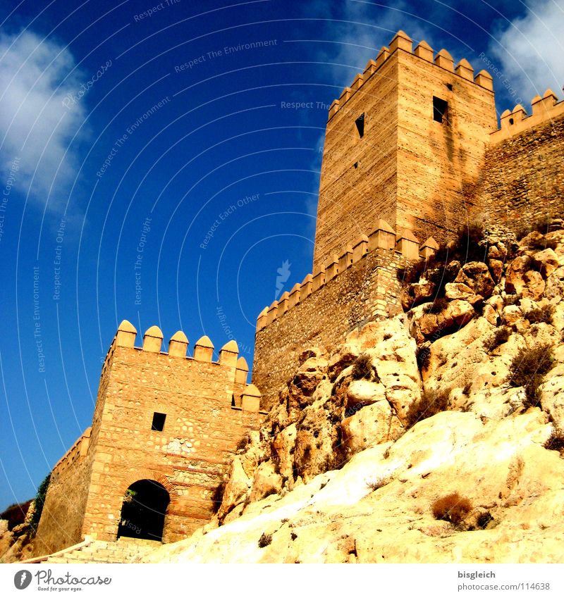 Alcazar, Almeria (Spain) Colour photo Exterior shot Deserted Copy Space left Copy Space top Worm's-eye view Sky Rock Europe Ruin Tower Manmade structures