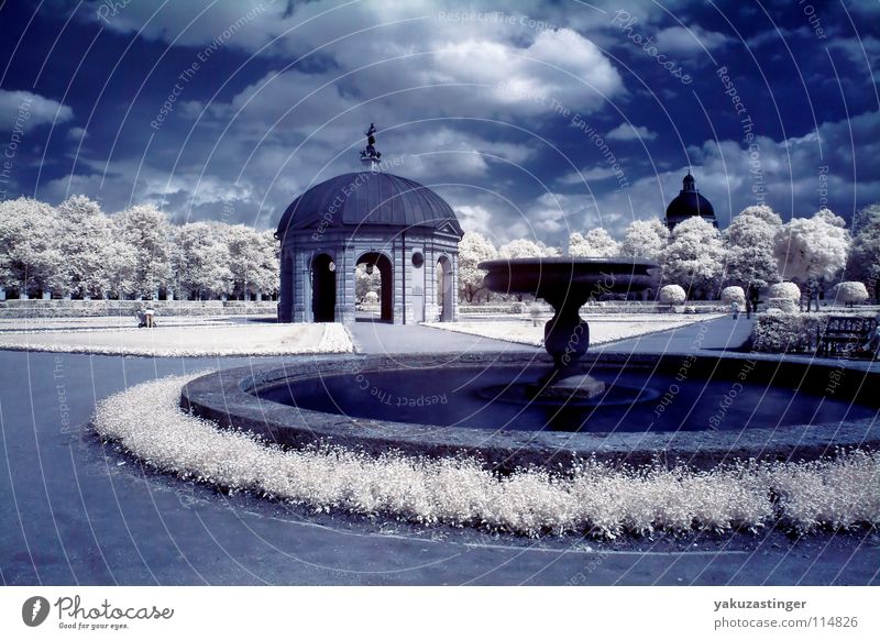 courtyard garden White Infrared Tree Park Open Meadow Grass Well Fountain Panorama (View) Long exposure color infrared image channel shifting channel mixer Lawn