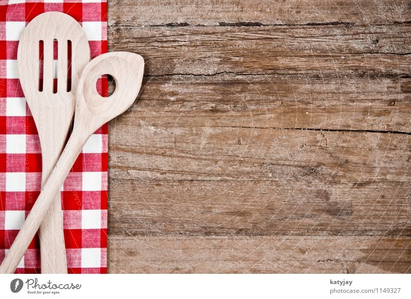 wooden spoon Wooden spoon Spoon Old Cutlery Tablecloth Wooden board Kitchen Red Wooden table Checkered Household Tool Cook Dish Fork Food Brown Retro Close-up