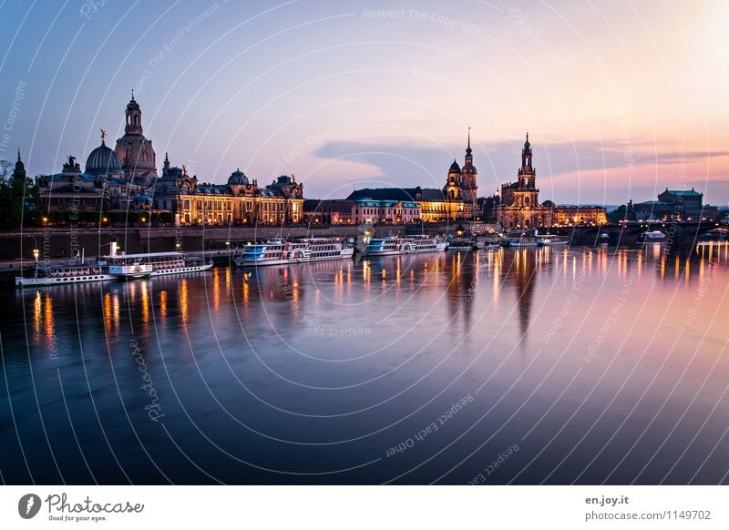 docked Vacation & Travel Tourism Trip Sightseeing City trip Summer vacation Night life Cloudless sky Sunrise Sunset Beautiful weather River Elbe Dresden Saxony