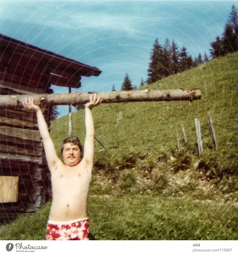 Oh, back then... (1) Summer Vacation & Travel Wood Man Fellow Strong Force Balance Naked Swimming trunks Flowery pattern Seventies Hippie Long-haired