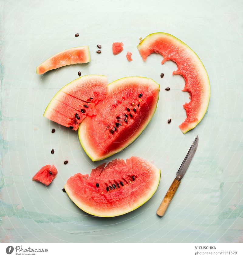 Watermelon with knife Food Fruit Dessert Nutrition Breakfast Organic produce Vegetarian diet Diet Juice Knives Style Design Healthy Eating Life Summer Table