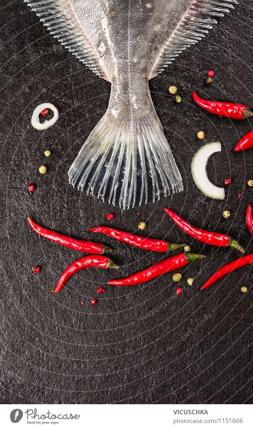 Fishtail with chili on black background Food Herbs and spices Nutrition Lunch Organic produce Vegetarian diet Diet Style Design Healthy Eating Table Kitchen