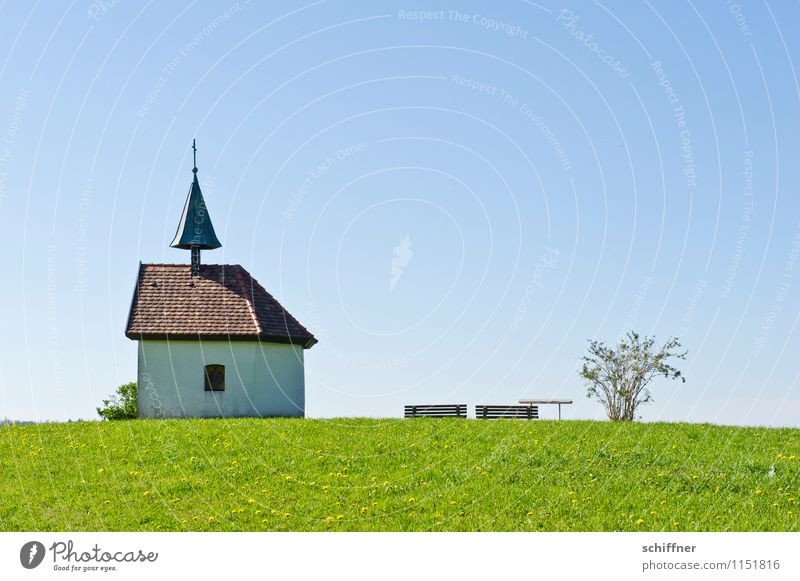 chapel Landscape Plant Cloudless sky Beautiful weather Grass Bushes Foliage plant Manmade structures Blue Green Chapel Religion and faith Church Bench Meadow
