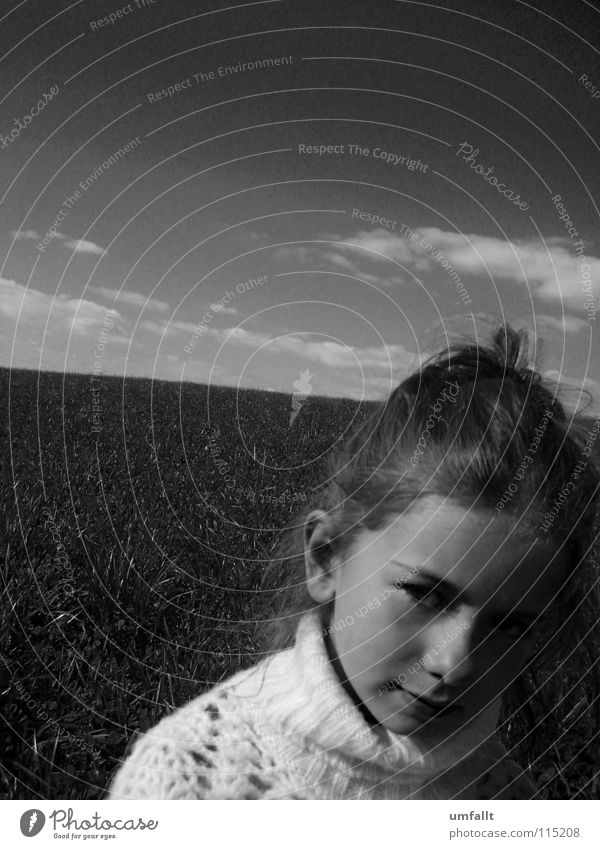 Don't forget mine Autumn Clouds Meadow Girl Search Beautiful Cape Chignon Sweet Small Children's eyes Fine Miss Black & white photo Sky Looking little girl Wait
