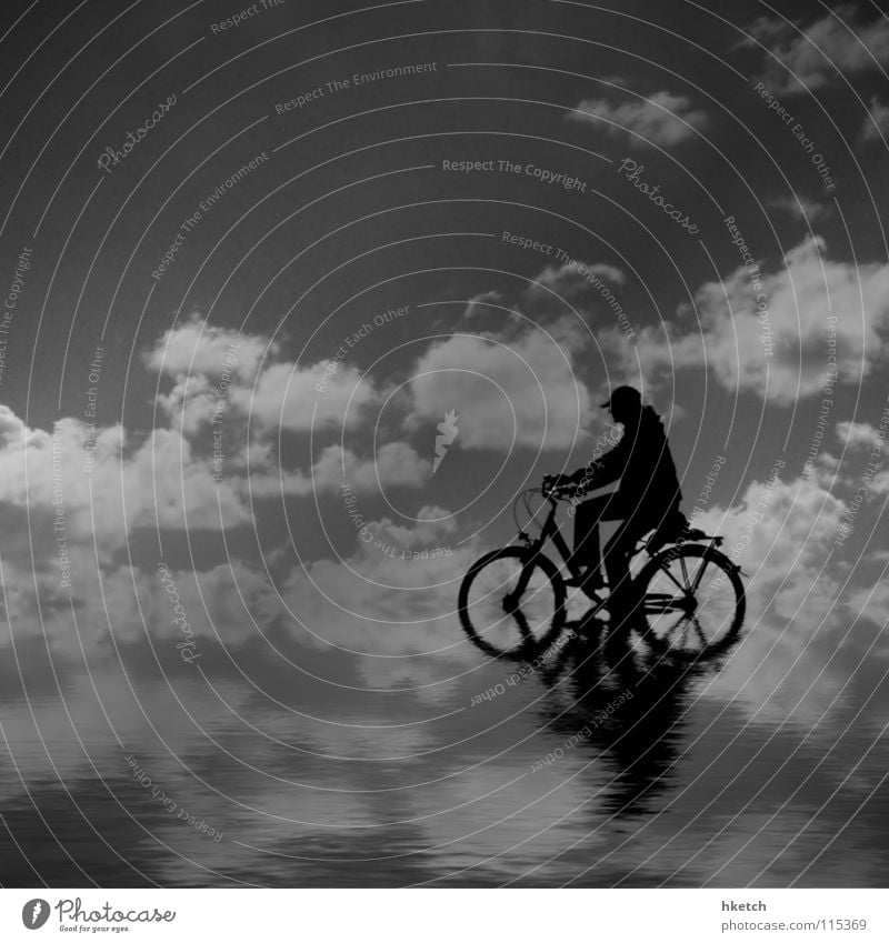 water wheel Bicycle Ocean Clouds Reflection Horizon Infinity Far-off places Loneliness Black & white photo Sky Water