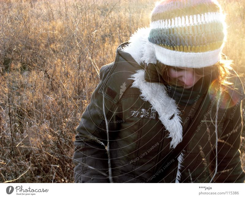 winter sun. Back-light Woman Cold Winter Cap Portrait photograph Freeze Field Brown Jacket Ice Think Pampa Pelt Coat Blade of grass Timidity