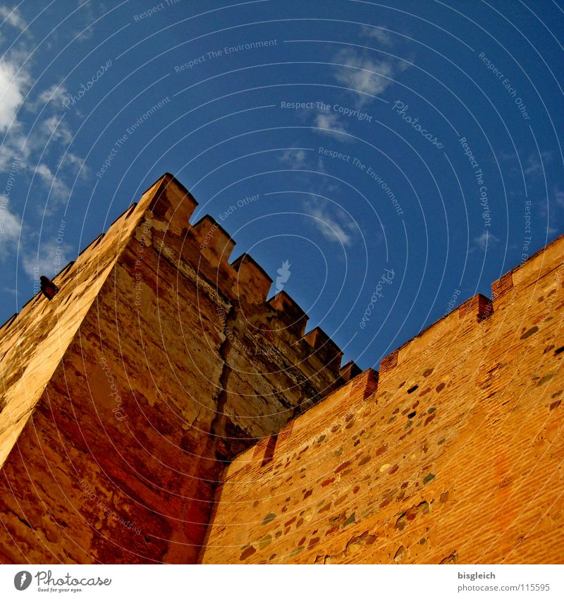Alhambra Towers, Granada (Spain) Colour photo Exterior shot Deserted Copy Space top Worm's-eye view Sky Europe Ruin Landmark Monument Historic Blue Brown