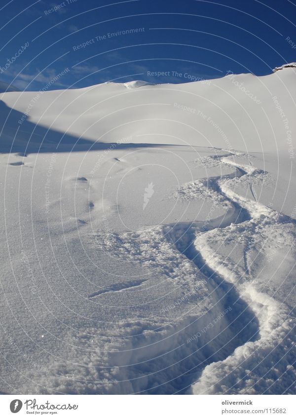 What a day Deep snow Snow track Snow crystal Snow cornice Mountain ridge Ski tour Winter Blue sky Powder snow Curve Undulation Deserted Exterior shot Snow layer