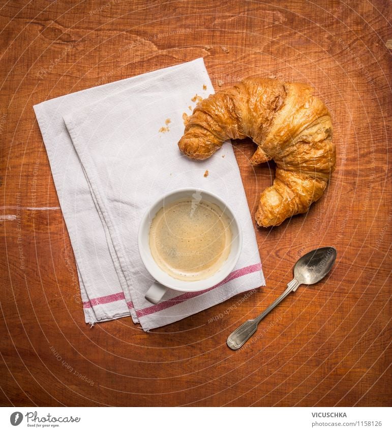 Breakfast with coffee and croissant Food Dough Baked goods Croissant Dessert Nutrition Beverage Coffee Espresso Cup Spoon Style Design Life Table Vintage Café