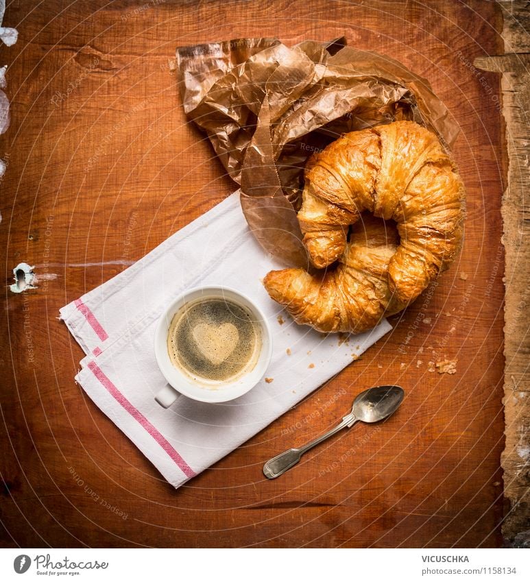 Coffee and croissant rustic Food Croissant Dessert Nutrition Breakfast Beverage Espresso Cup Spoon Style Design Life Table Kitchen Sign Heart Love Moody Joy