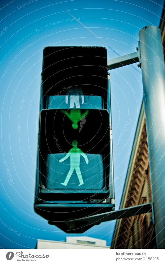 You may go. Transport Road traffic Pedestrian Traffic light Sign Movement Going Stand Good Positive Town Green Optimism Success Power Willpower Brave Trust