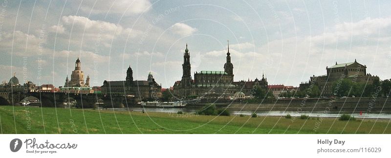 Canaletto in July Dresden River bank Rich pasture Semper Opera Summer Panorama (View) Green Clouds Lemon squeezer Vantage point Landmark Monument Elbe canaletto