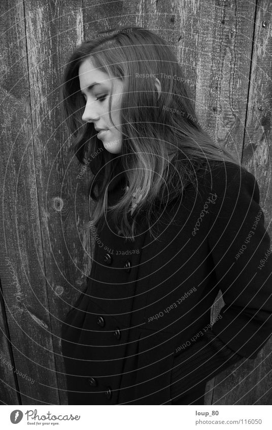 oT Coat Wood Loneliness Black Portrait photograph Think Closed eyes Silhouette Black & white photo Winter Woman Profile