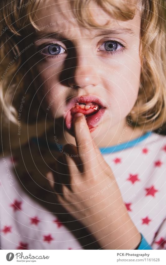 tooth fairy Feminine Girl Young woman Youth (Young adults) Eyes Mouth Lips Teeth Blonde Pain Fear Gum Toothache Tooth space Blood Colour photo Multicoloured