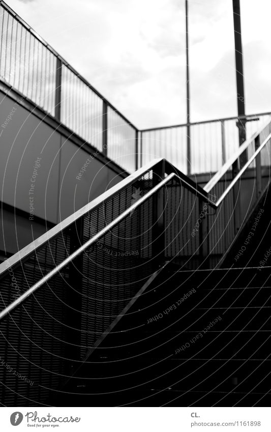 exit Sky Clouds Bridge Wall (barrier) Wall (building) Stairs Banister Gloomy Town Complex Lanes & trails Target Upward Black & white photo Exterior shot