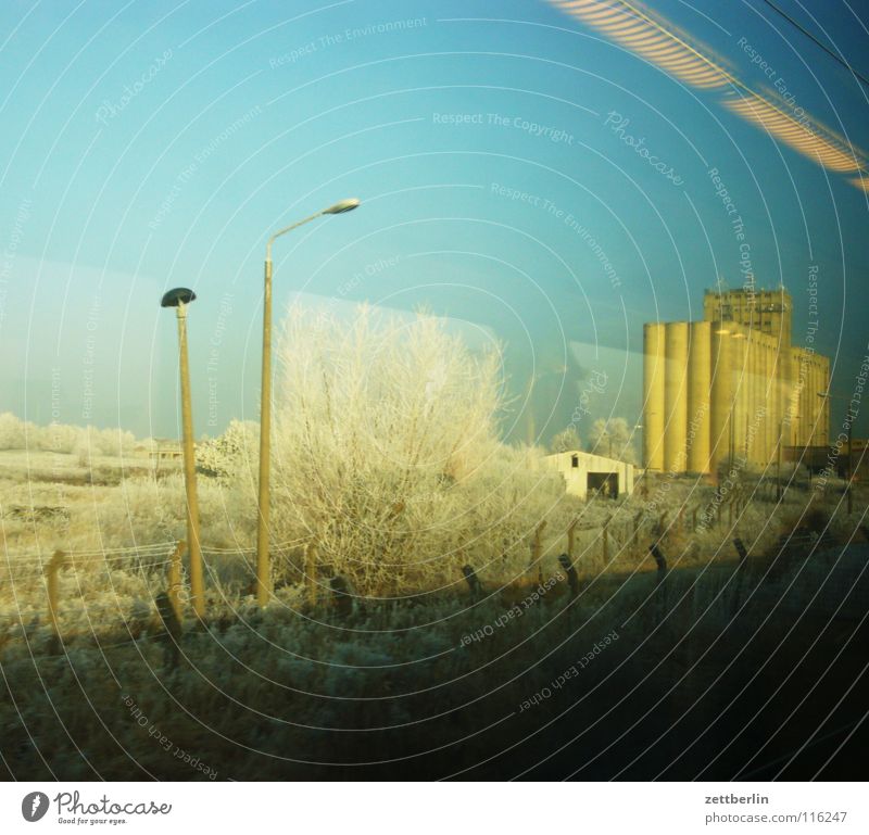 Rail journey to the north 3 Tree Bushes Winter Hoar frost Immature Railroad Train window Overhead line Light Lamp Reflection Driving Passage Derelict Landscape