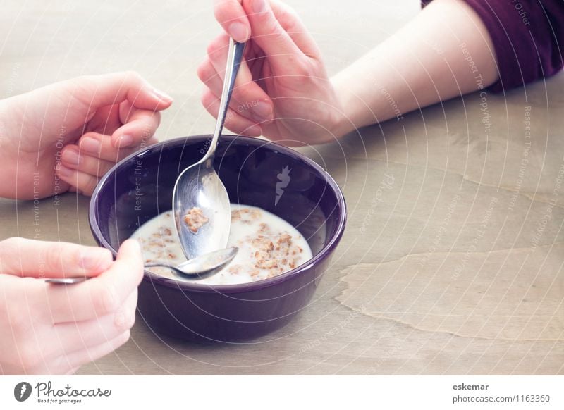 Together Food Cereal Nutrition Eating Breakfast Vegetarian diet Bowl Spoon Human being Feminine Young woman Youth (Young adults) Woman Adults Family & Relations