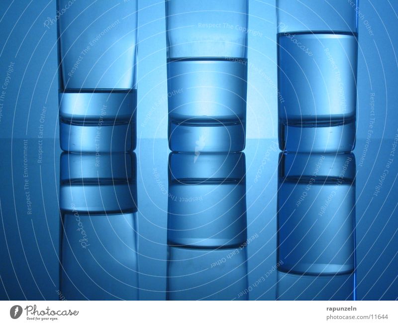 Blue Glass #05 Nutrition Water unbalanced uneven Mirror image Half full 3 Back-light Beverage Drinking water Mineral water Round Close-up Detail Glittering