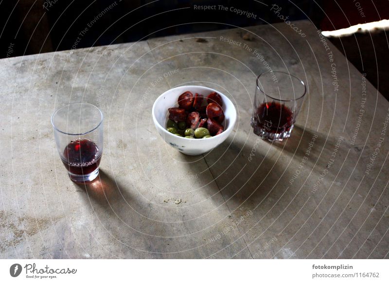 two glasses of red wine and sausage - olive snack Finger food Vine Table Break Glass To enjoy Simple Together Delicious Appetite break time Modest Relaxation