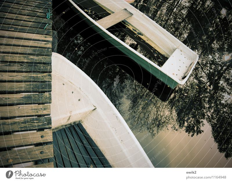 on the jetty Environment Nature Water Beautiful weather Lakeside Patient Calm Idyll Rowboat 2 Jetty Under Break Footbridge Wood Plastic Colour photo