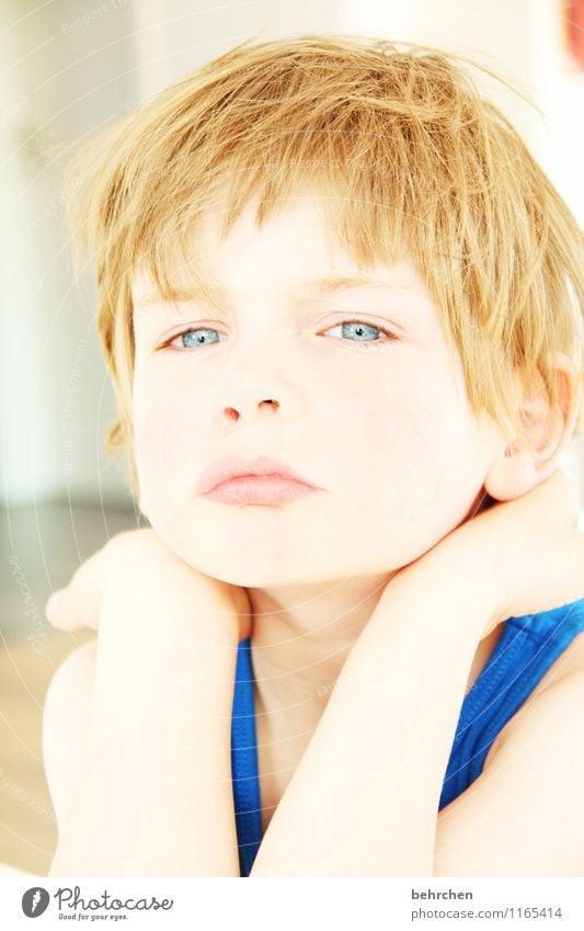 intense Child Boy (child) Infancy Skin Head Hair and hairstyles Face Eyes Ear Nose Mouth Lips Arm Hand 3 - 8 years Blonde Long-haired Observe Looking Dream