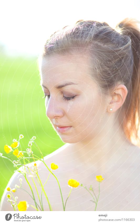 yellow Feminine Young woman Youth (Young adults) 1 Human being 18 - 30 years Adults Spring Summer Plant Flower Beautiful Yellow Green Ponytail Natural