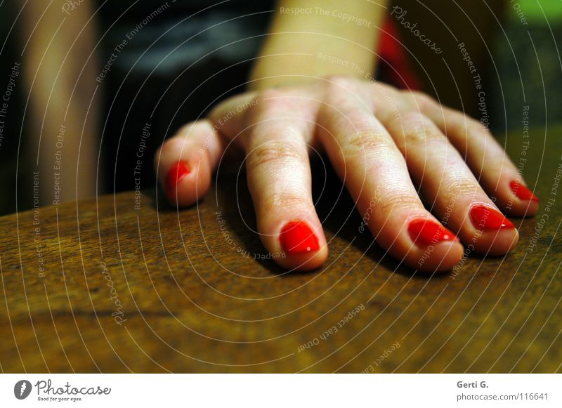 shake on it Tabletop Wood Wooden table Fingers 5 Hand Forefinger Woman Women`s hand Feminine Wide angle Might Size comparison Nail polish Red Reiki Emotions