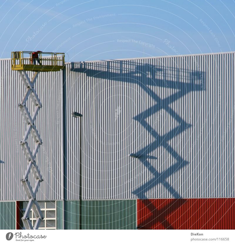 scissor lift Working man Summer Factory hall Light Industry Shadow Warehouse Sky lifting platform Blue