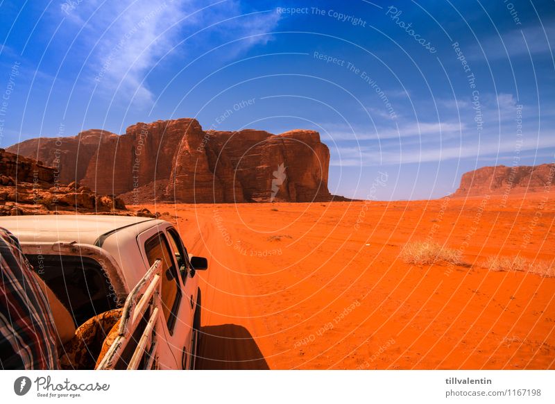 desert tour Back 1 Human being Nature Earth Sand Cloudless sky Summer Climate Beautiful weather Drought Rock Mountain Canyon Desert Motoring Footpath Truck jeep