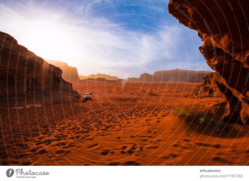 Red sand Environment Nature Landscape Earth Sand Sky Sun Sunrise Sunset Warmth Drought Hill Rock Mountain Desert Wadi Rum Jordan Asia Deserted Exceptional