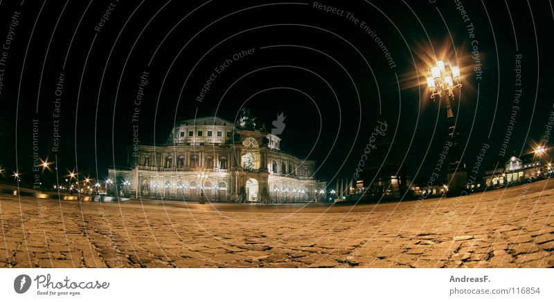 Dresden again. Saxony Semper Opera Panorama (View) Places Historic Wide angle Fisheye Night Night shot Lantern Lighting Building Dark Worm's-eye view