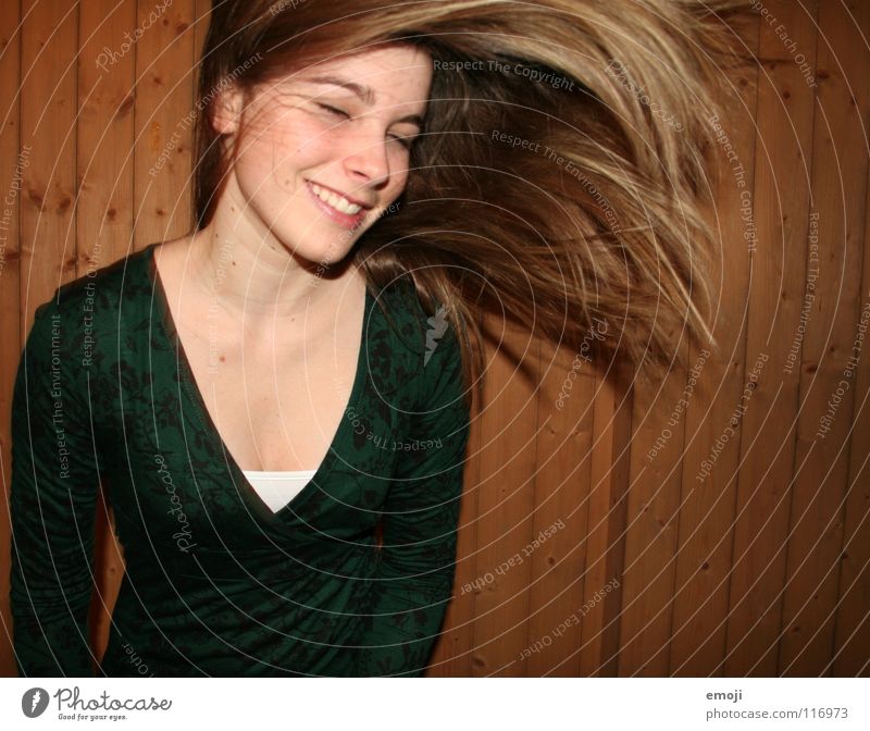 I've got beautiful hair. *sing* Woman Youth (Young adults) Rocking out Authentic Wooden wall Air Breeze Beautiful Sweet Beauty Photography To enjoy Good mood