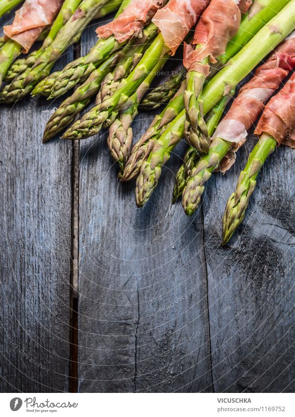 Green asparagus with ham on a blue wooden table Food Meat Vegetable Nutrition Lunch Dinner Organic produce Style Design Healthy Eating Life Asparagus recipe Ham