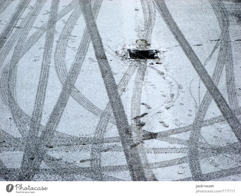 Tire track on a winter day Winter Snow Traffic infrastructure Parking lot Movement Direction Gully Abstract Dawn Silhouette Bird's-eye view